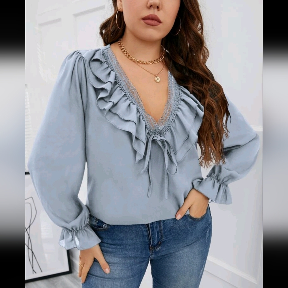 New! Dusty Blue Ruffle Trim Knot Front Flounce Sleeve Blouse 2XL/16 NWOT